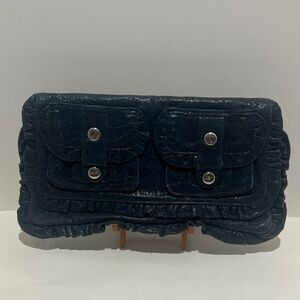 Treesje Ruffled Blue Leather Clutch with Pockets & Chrome Buttons, 13” x 7.5”